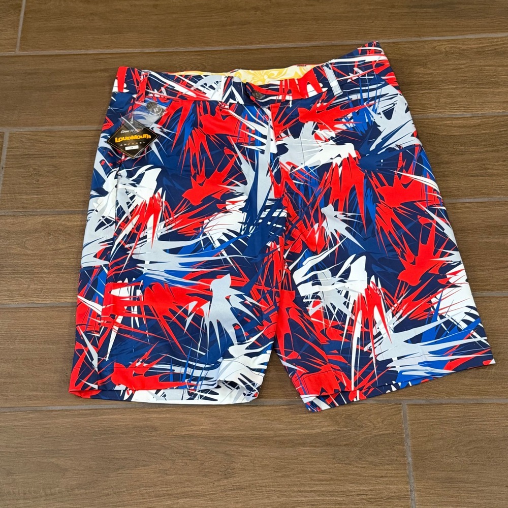 Loudmouth Golf Shorts Mens 34 Red White Blue Abstract Splatter Performance NWT
